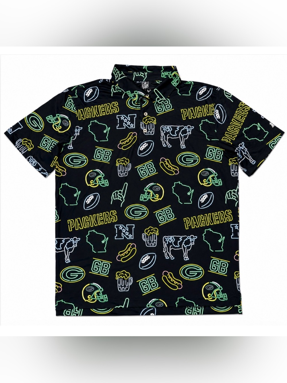 CHUBBIES BLACK NEON GRAPHIC NFL GREEN BAY PACKERS PERFORMANCE POLO SHIRT L